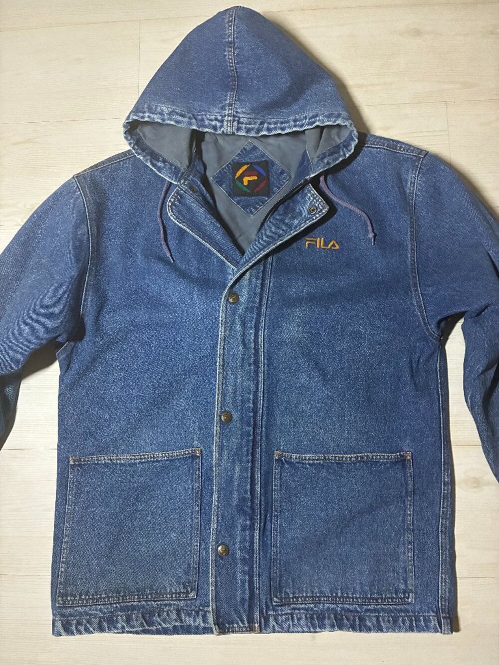 Vintage 90s FILA Embroidered Logo Denim Hooded Jacket Blue Parka Men's Size L